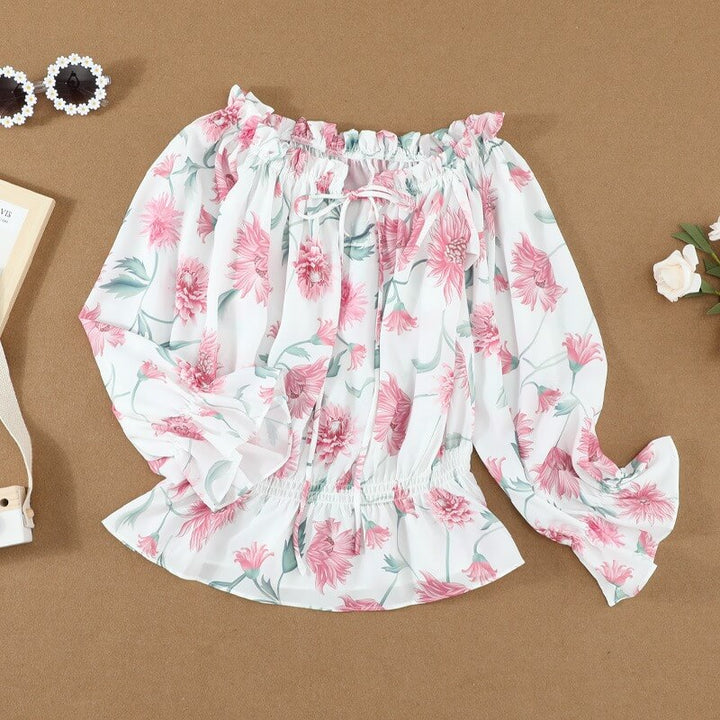 Geblümte Damen Chiffon-Bluse mit Rüschenärmeln – Elvira