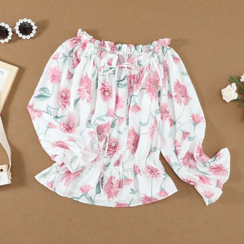 Geblümte Damen Chiffon-Bluse mit Rüschenärmeln – Elvira