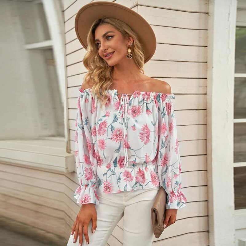 Geblümte Damen Chiffon-Bluse mit Rüschenärmeln – Elvira