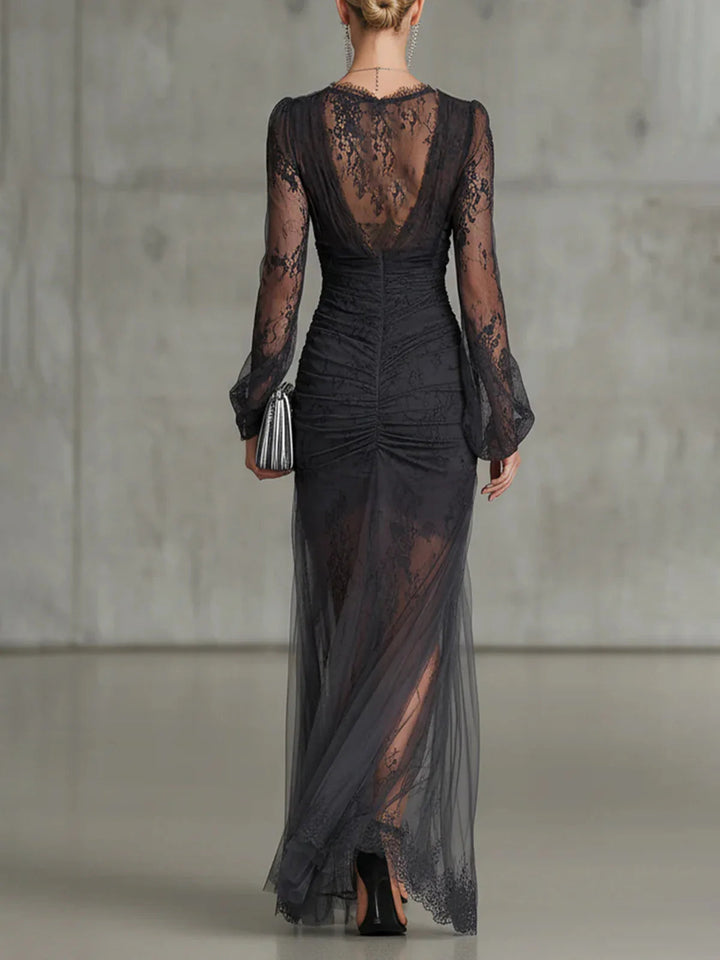 Laura – Maxikleid geraft aus Spitze dunkelgrau – Produktansicht 3