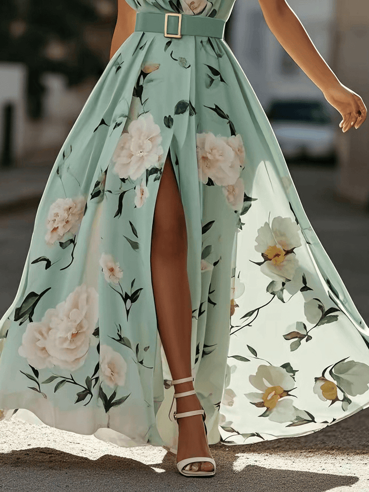 Amelie – Maxikleid Chiffon mit Blumenmuster mit freien Schultern hellgrün – Produktansicht 5