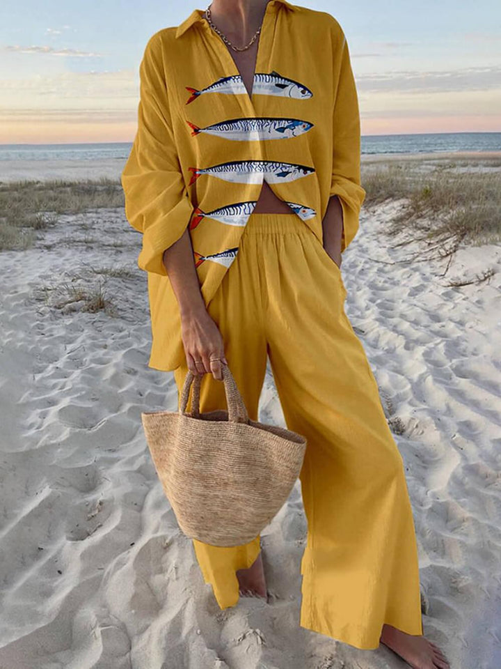 Gisela – Bluse Oversize mit Ozeanprint aus Stil Insel und Hose mit elastischen Taschen – Produktansicht 4
