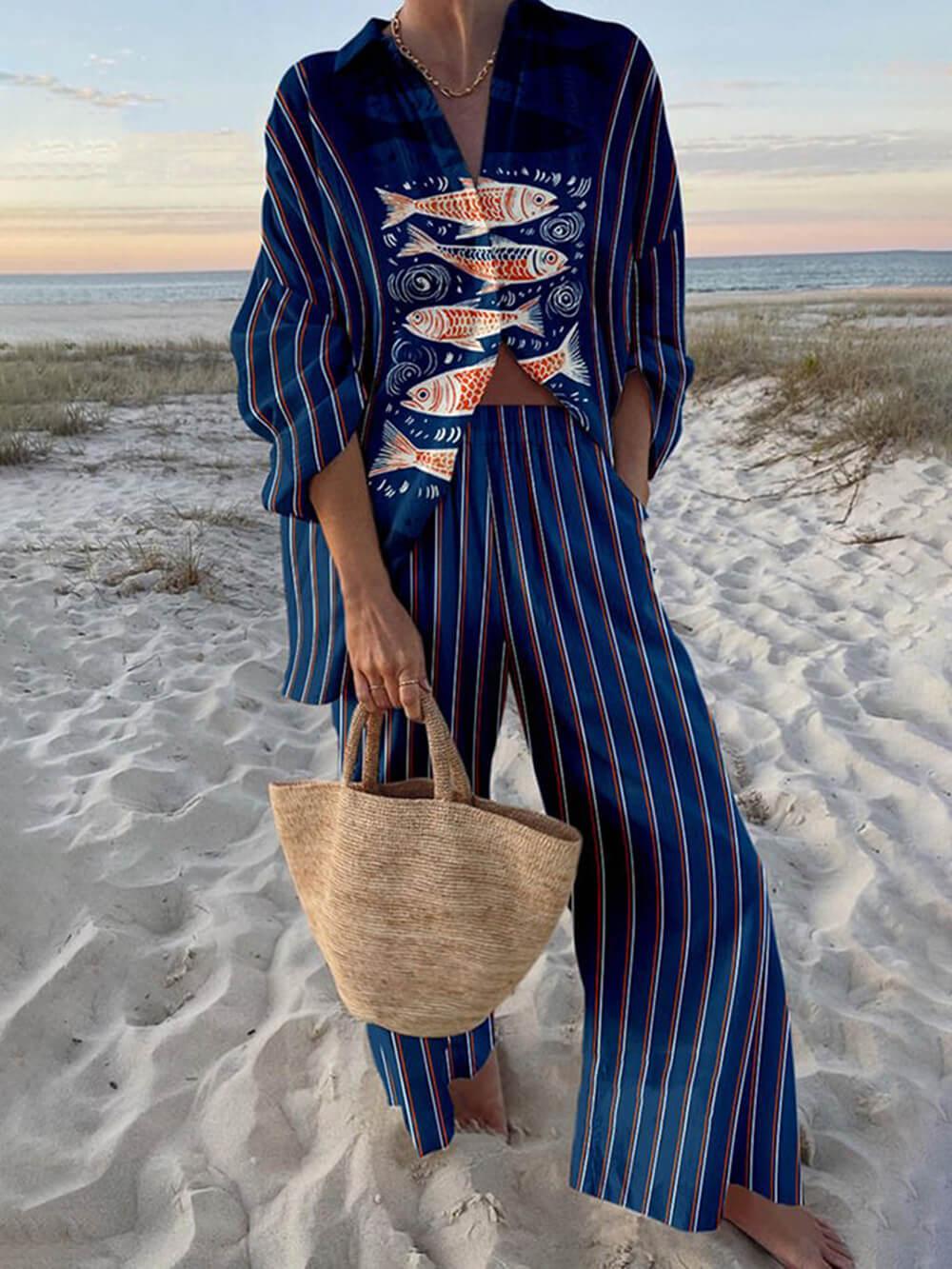 Gisela – Bluse Oversize mit Ozeanprint aus Stil Insel und Hose mit elastischen Taschen – Produktansicht 3
