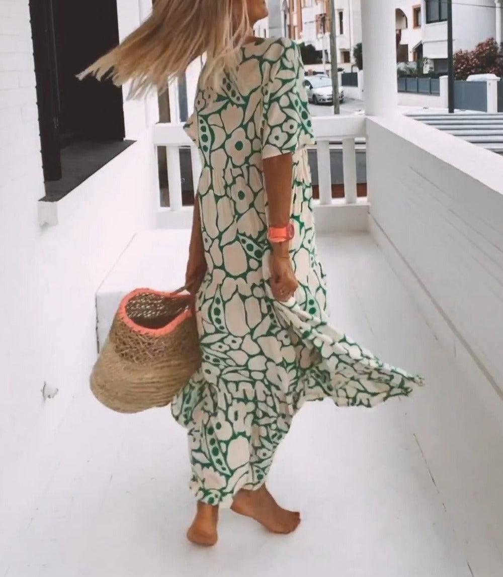 Grünes Maxikleid mit kurzen Ärmeln und Druck – Elisa