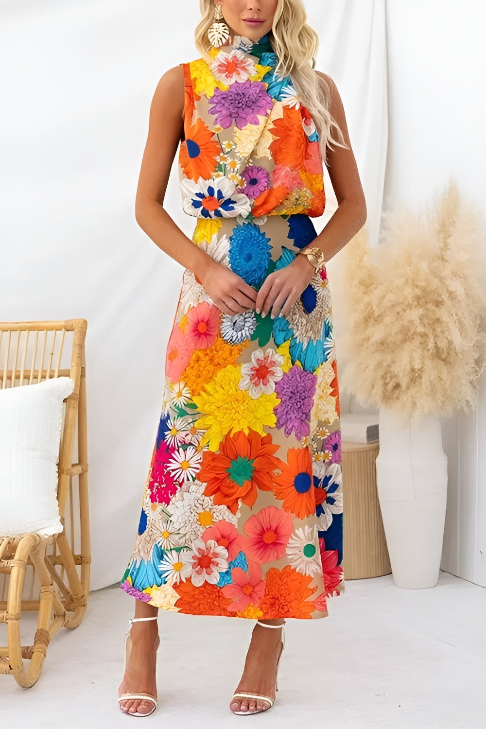 Nele – Kleid maxi ärmellos mit Taillenknoten und Blumenprint – Produktansicht 1