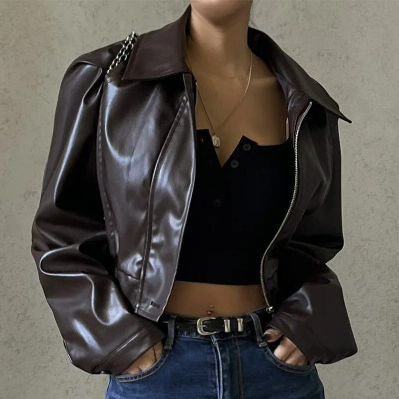 Braune PU-Leder Damen Sommerjacke mit Reverskragen – Rivka