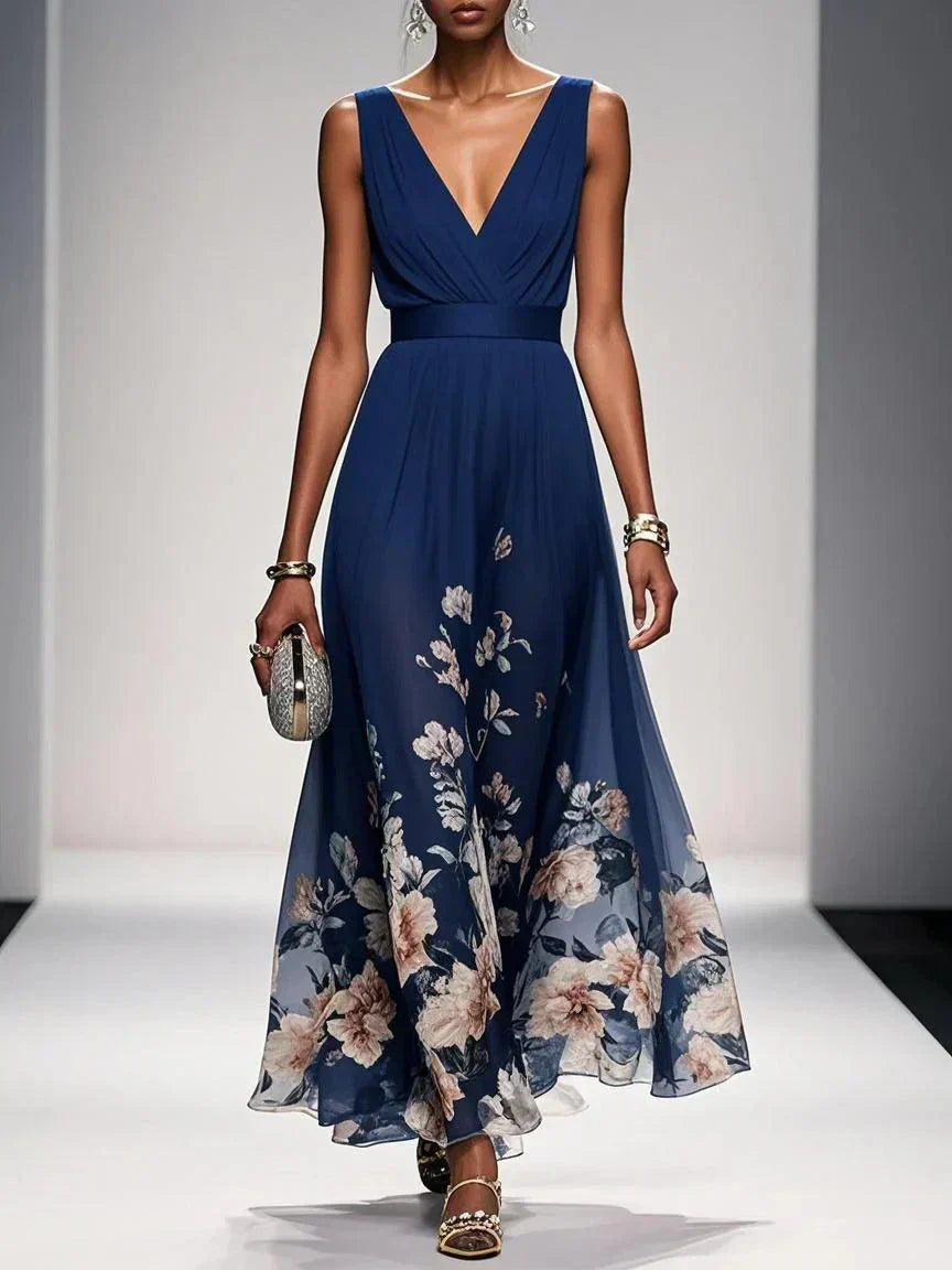 Paula – Maxikleid aus Chiffon mit Blumen hellblau und V-Ausschnitt – Produktansicht 2