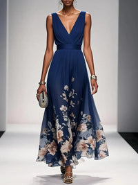 Paula – Maxikleid aus Chiffon mit Blumen hellblau und V-Ausschnitt – Produktansicht 2