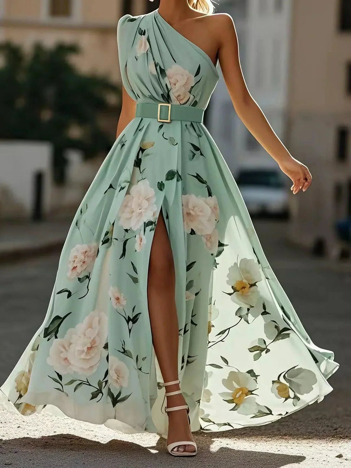 Amelie – Maxikleid Chiffon mit Blumenmuster mit freien Schultern hellgrün – Produktansicht 1