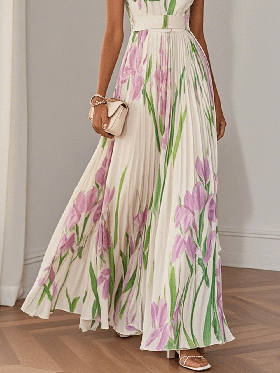 Ingrid – Maxikleid Chiffon mit Blumenmuster plissiert weiß – Produktansicht 3