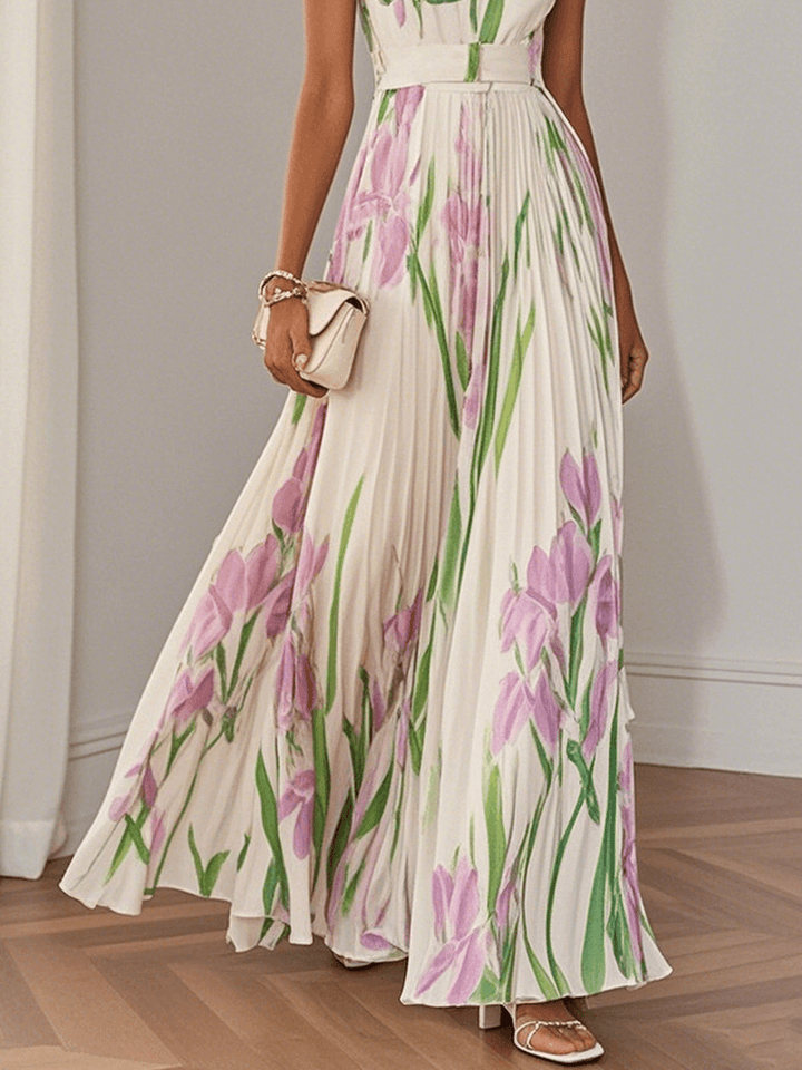 Ingrid – Maxikleid Chiffon mit Blumenmuster plissiert weiß – Produktansicht 3