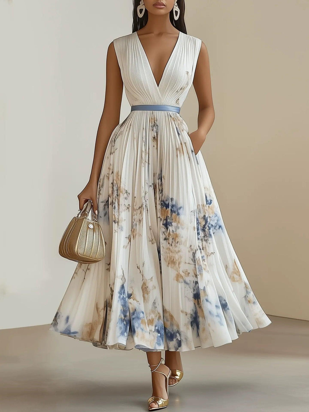 Birgit – Midikleid plissiert aus chiffon mit Blumenmuster weiß mit V-Ausschnitt – Produktansicht 1