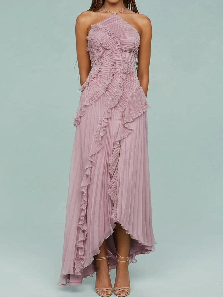 Juna – Langes Kleid mit plissierten Trägern und Schlitz – Produktansicht 4