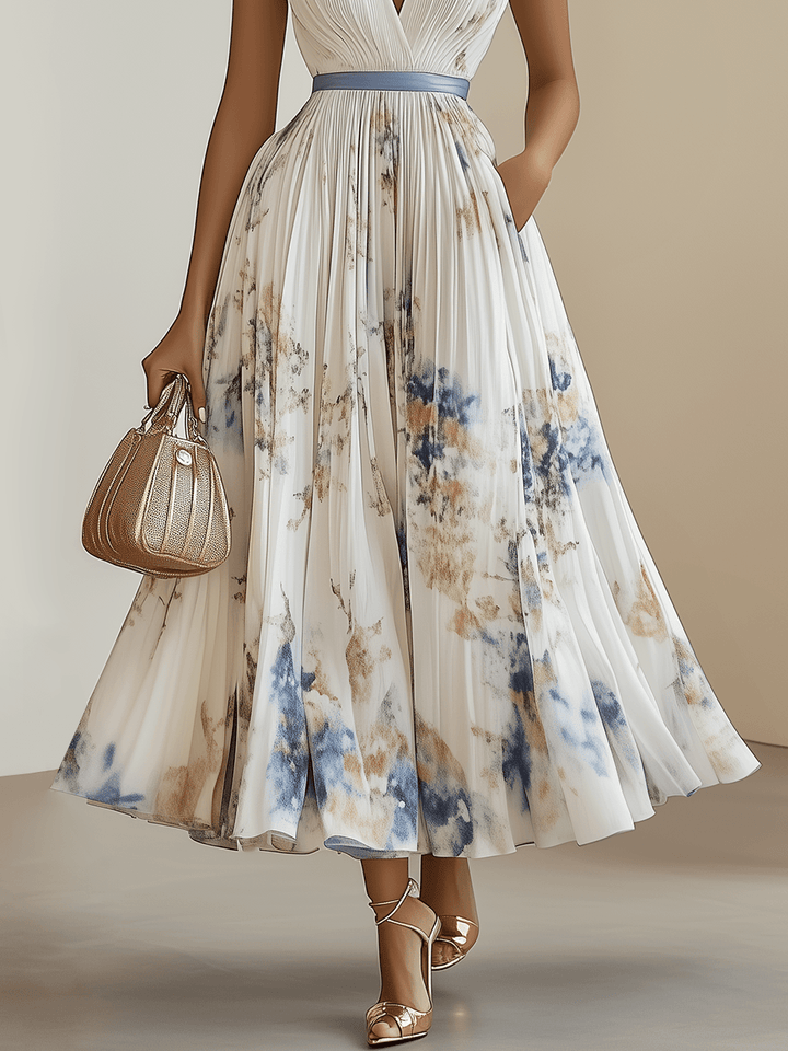 Birgit – Midikleid plissiert aus chiffon mit Blumenmuster weiß mit V-Ausschnitt – Produktansicht 3