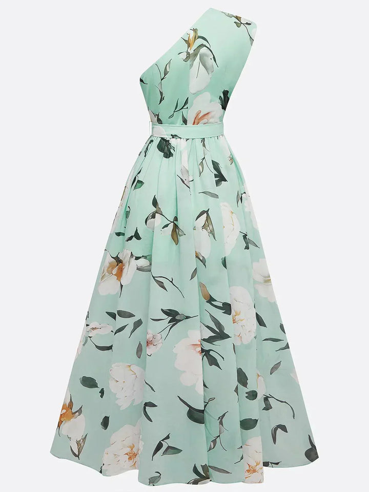 Amelie – Maxikleid Chiffon mit Blumenmuster mit freien Schultern hellgrün – Produktansicht 3