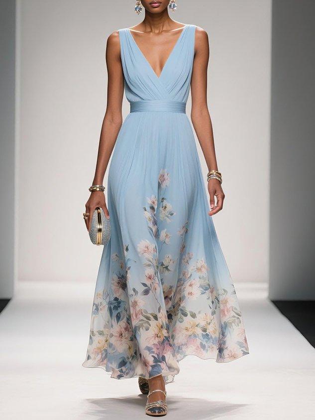 Paula – Maxikleid aus Chiffon mit Blumen hellblau und V-Ausschnitt – Produktansicht 5