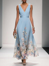 Paula – Maxikleid aus Chiffon mit Blumen hellblau und V-Ausschnitt – Produktansicht 5