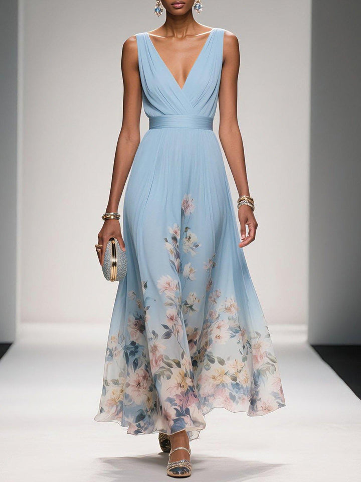 Paula – Maxikleid aus Chiffon mit Blumen hellblau und V-Ausschnitt – Produktansicht 1