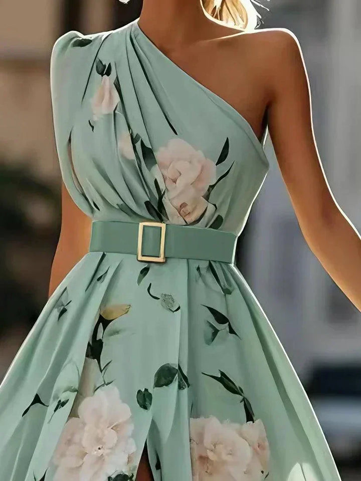 Amelie – Maxikleid Chiffon mit Blumenmuster mit freien Schultern hellgrün – Produktansicht 4