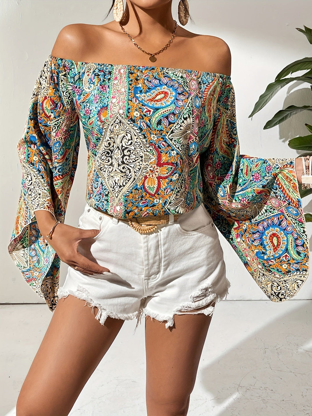 Off-Shoulder Bluse mit geometrischem Druck – Noémie