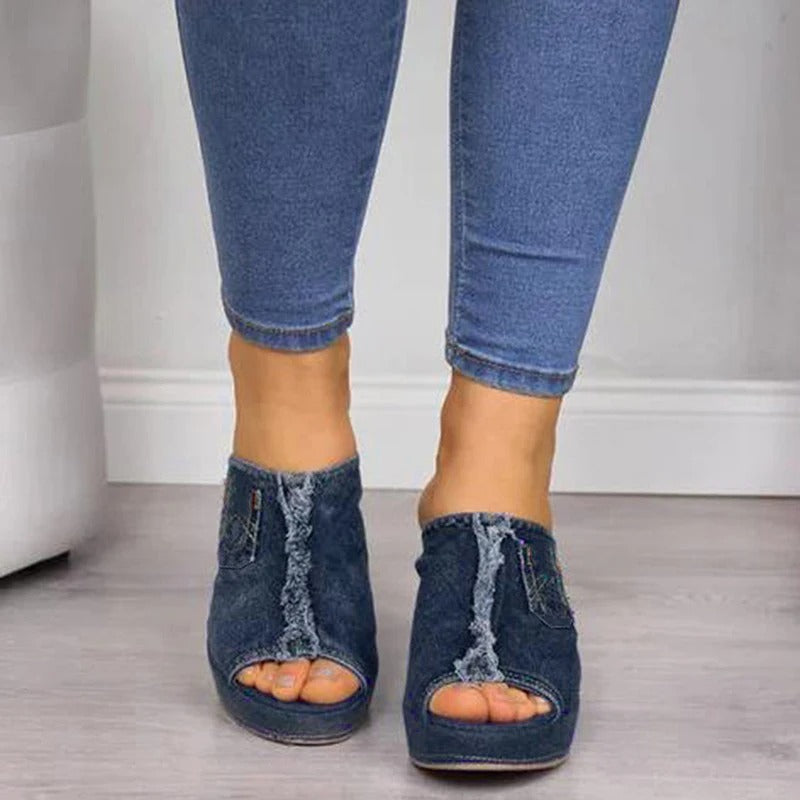 Damen Denim-Sandalen mit Keilabsatz – Elisabetta