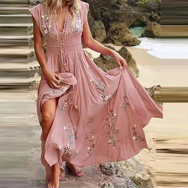 Boho Sommer-Midikleid mit V-Ausschnitt und Luftigem Schnitt – Talia