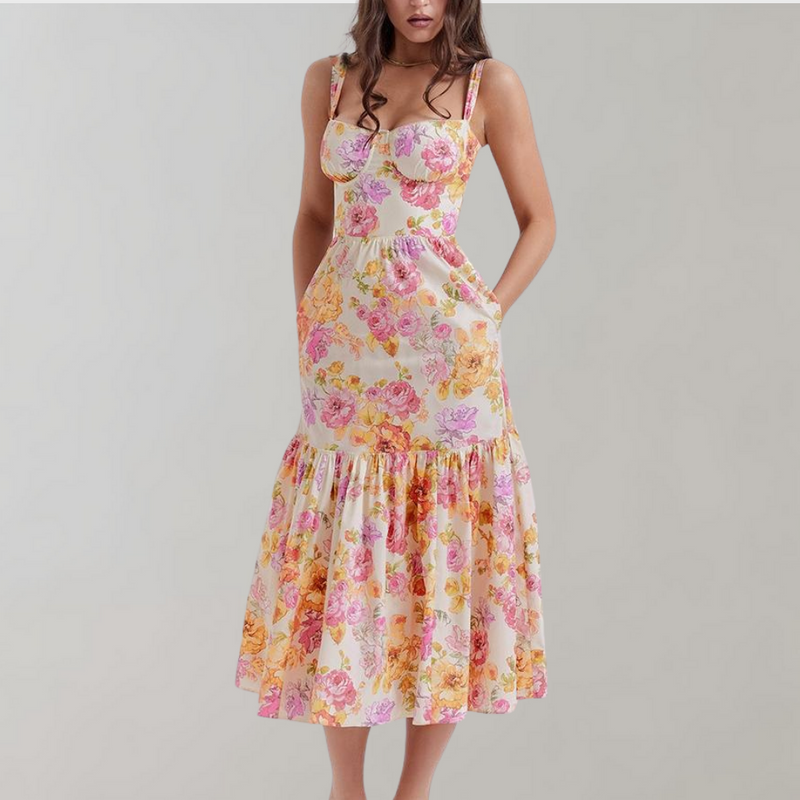 Blumenmuster Midi-Party Kleid – Mireille