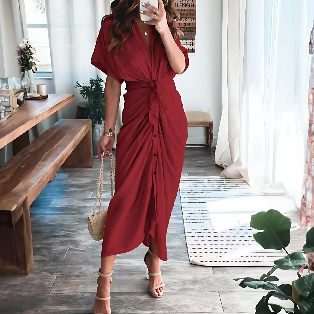 Maxikleid mit Rüschen und V-Ausschnitt Sommerstil Damenmode - Elina