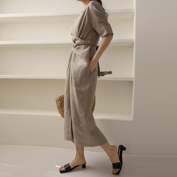 Leichtgewicht Khaki Sommerkleid mit verstellbarem Bund – Isalie