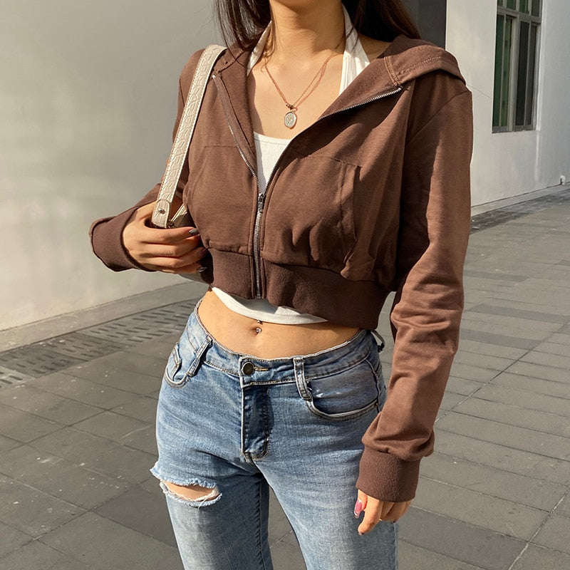 Trendige Figurbetonte Damen Cropped Zip-Up Hoodie mit Kapuze – Alina