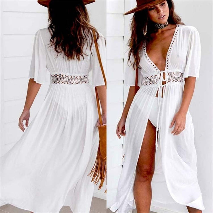 Lange Strandkleid mit Spitzenakzenten und Schleifenverschluss – Elena