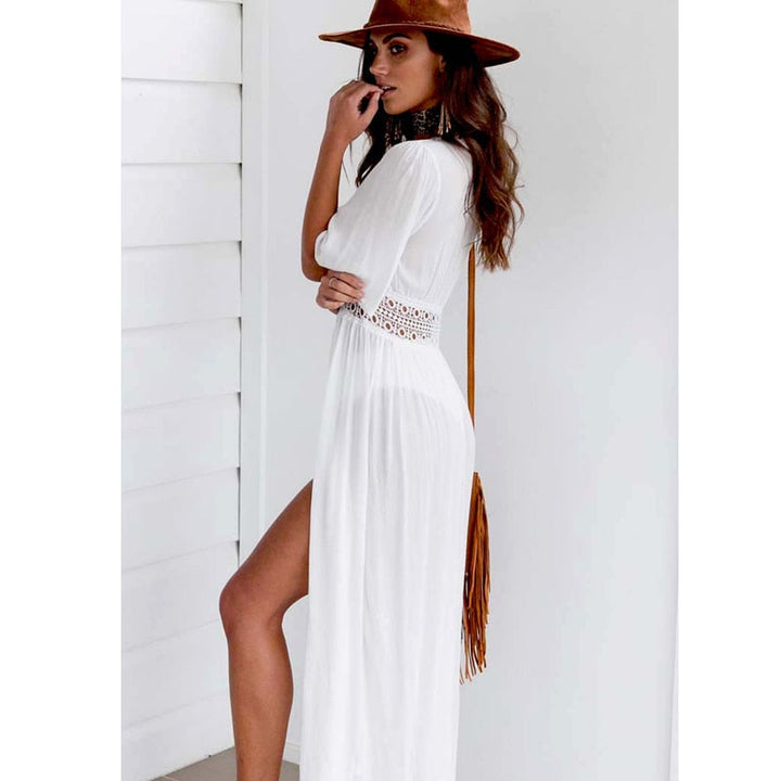 Lange Strandkleid mit Spitzenakzenten und Schleifenverschluss – Elena
