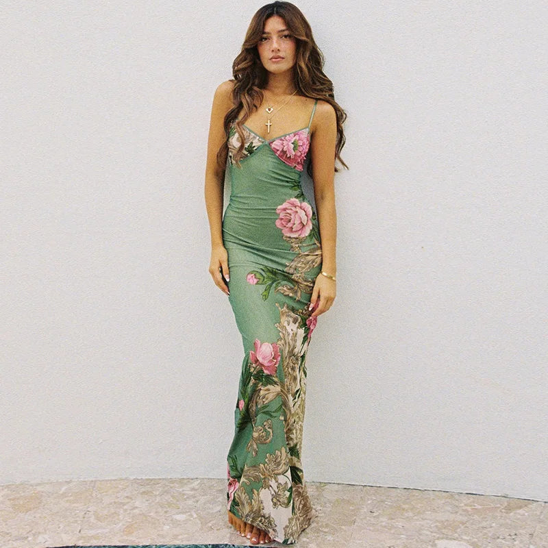 Florales Sommer-Maxikleid mit V-Ausschnitt und Spaghettiträgern - Alina