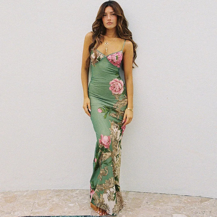 Florales Sommer-Maxikleid mit V-Ausschnitt und Spaghettiträgern - Alina