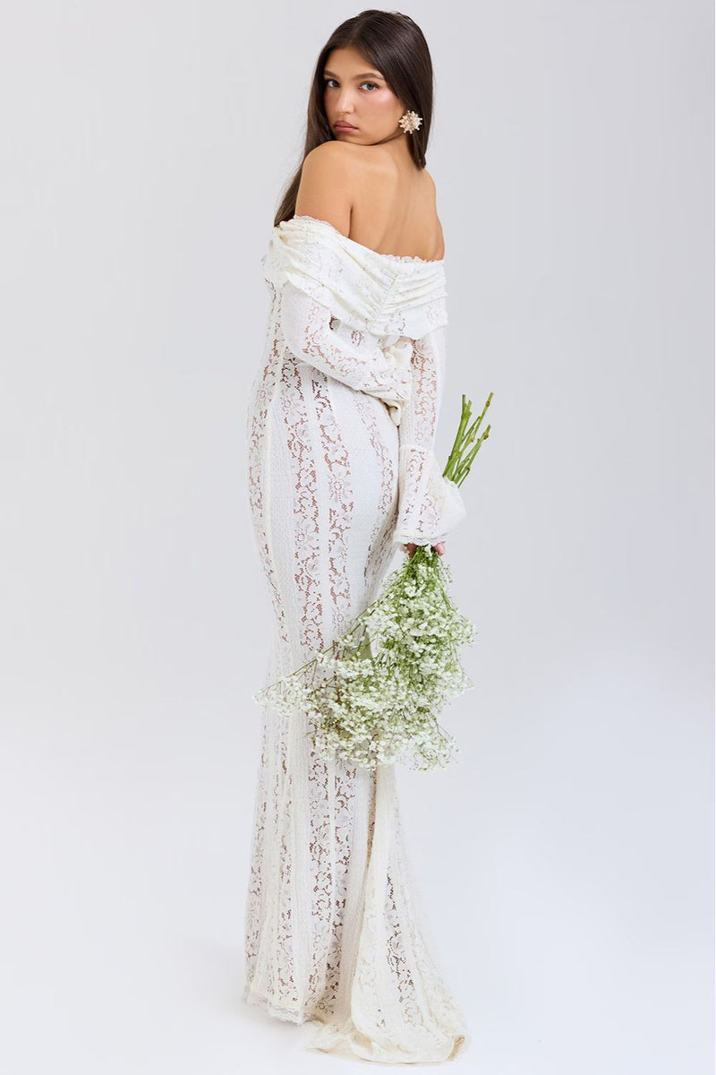 Schulterfreies Sommer-Maxikleid aus floraler Spitze – Alondra