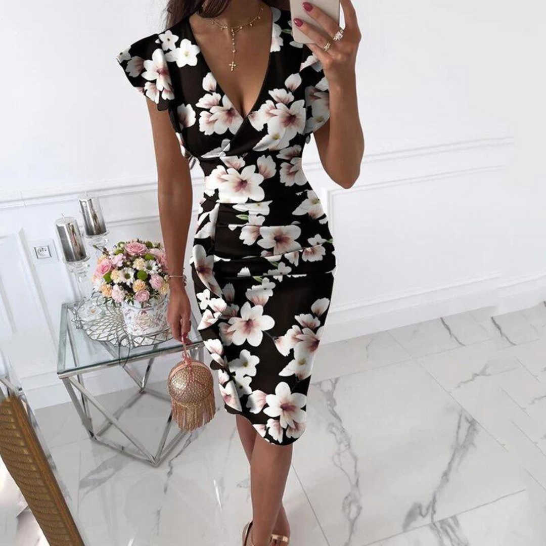 Sommerliches Midi-Kleid mit V-Ausschnitt und taillierter Passform – Livia