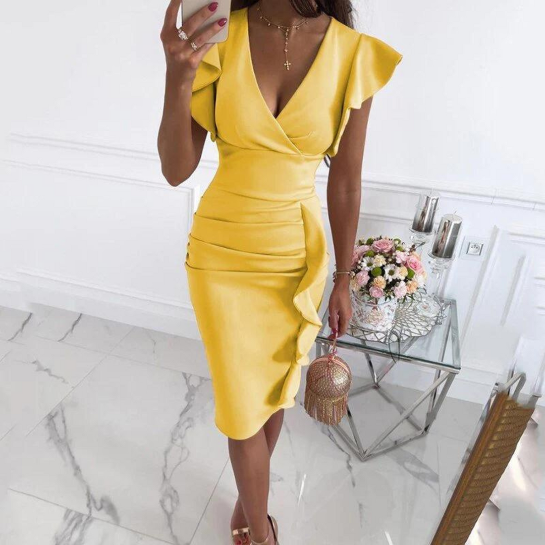 Sommerliches Midi-Kleid mit V-Ausschnitt und taillierter Passform – Livia