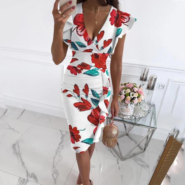 Sommerliches Midi-Kleid mit V-Ausschnitt und taillierter Passform – Livia
