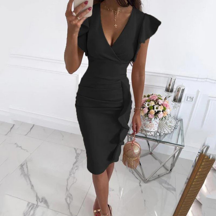 Sommerliches Midi-Kleid mit V-Ausschnitt und taillierter Passform – Livia