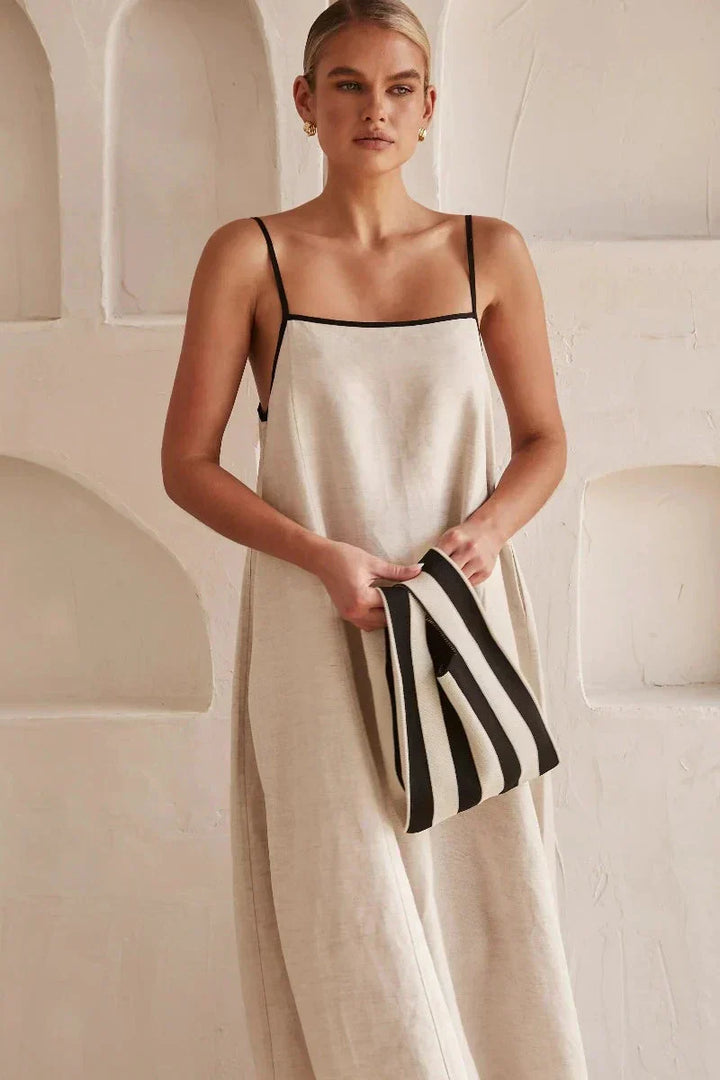Ärmelloses Beiges Boho Maxi Kleid im Leinen-Look – Elin