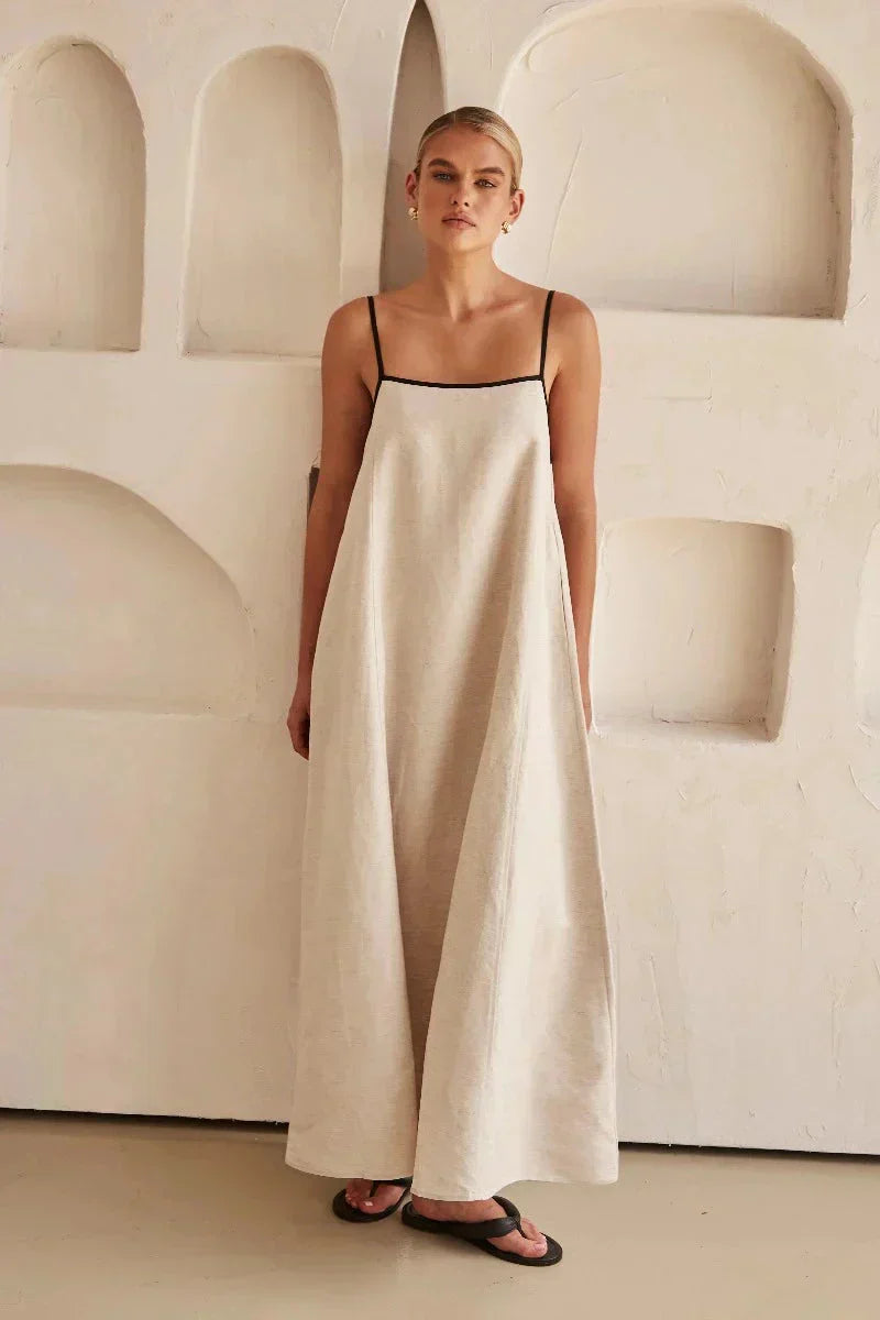 Ärmelloses Beiges Boho Maxi Kleid im Leinen-Look – Elin