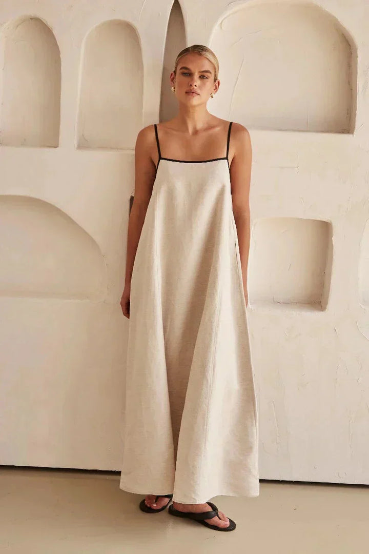 Ärmelloses Beiges Boho Maxi Kleid im Leinen-Look – Elin