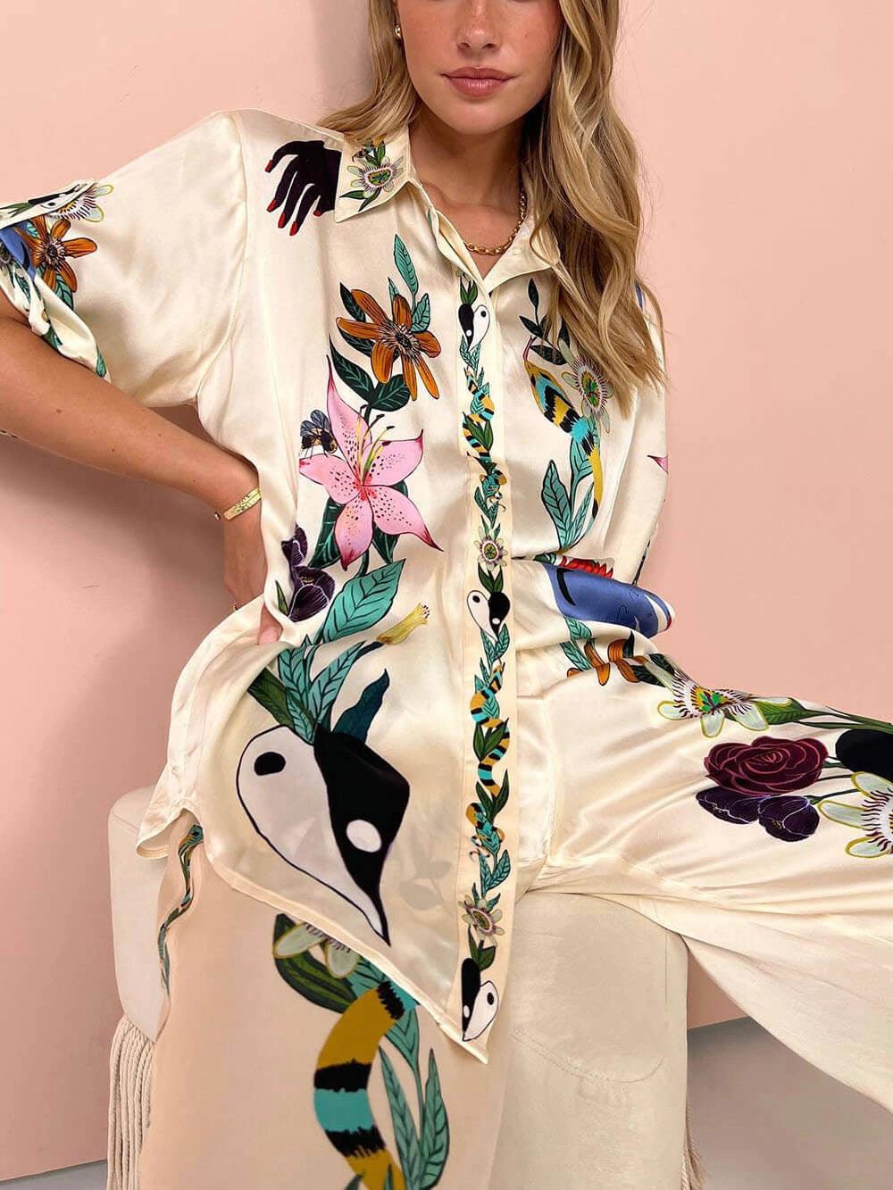 Selma – Blusen- und Hosenset aus Satin mit Print einzigartig, Stil Resort – Produktansicht 2