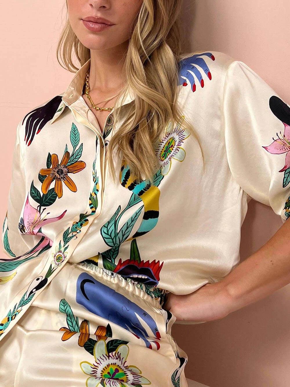 Selma – Blusen- und Hosenset aus Satin mit Print einzigartig, Stil Resort – Produktansicht 5