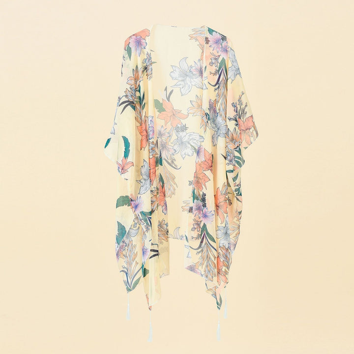 Kimono-Überwurf mit Blumenmuster und Fransen – Liora