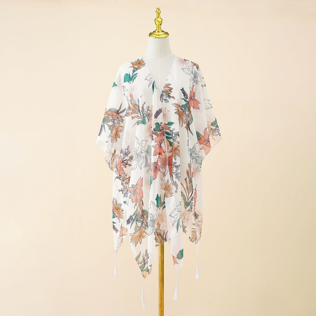 Kimono-Überwurf mit Blumenmuster und Fransen – Liora