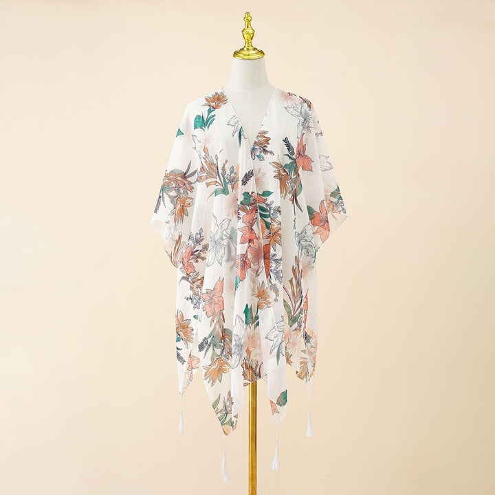 Kimono-Überwurf mit Blumenmuster und Fransen – Liora