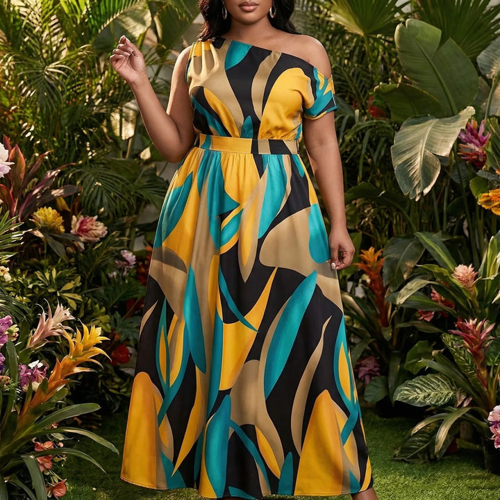 One-Shoulder Plus Size Maxikleid mit tropischem Print - Lora