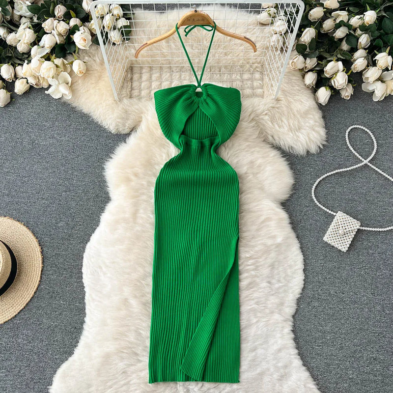 Trendy rückenfreies Maxi-Strickkleid mit Seitenschlitz für Damen (Einheitsgröße) – Liora