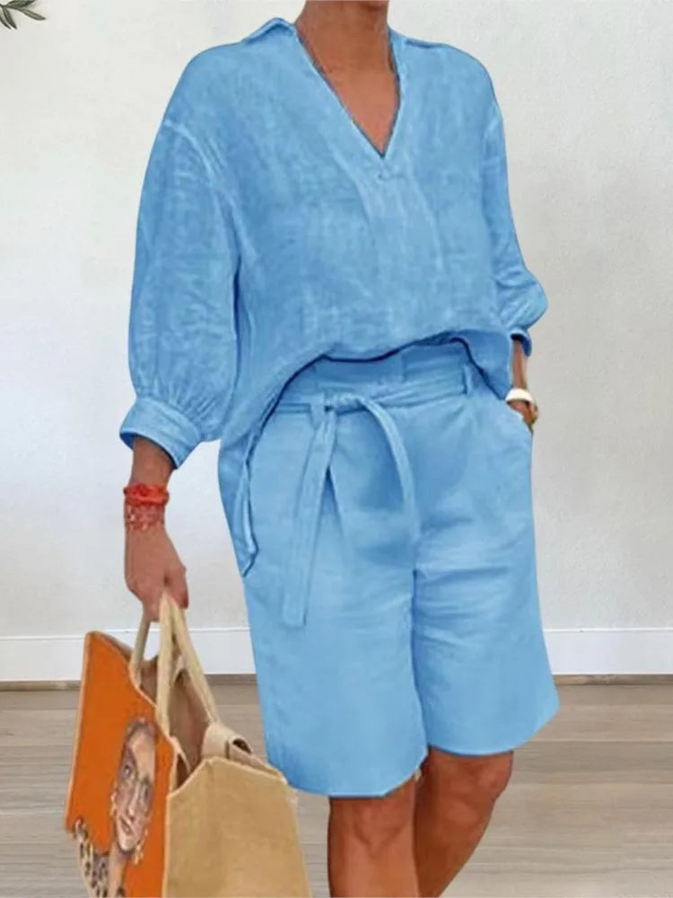 Luftig & Stylisch Zweiteiler aus Leinen mit Bluse & Shorts Damen – Malea